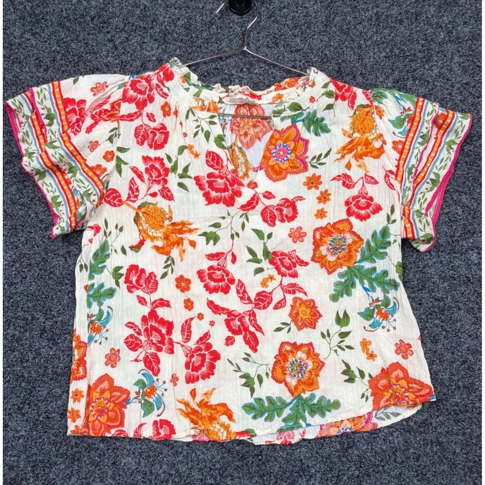 Nicole Miller Artelier Blouse Womens L Ivory Floral Rayon Boho Flutter Sleeve